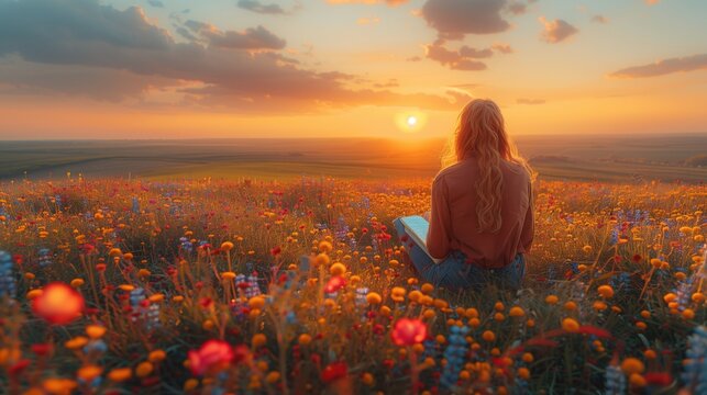 Woman writing in journal in wildflower field