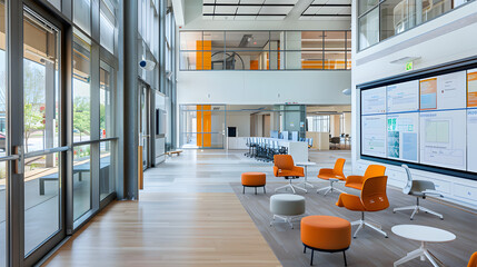 Open-plan office with interactive digital whiteboards.