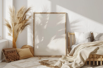 Vertical frame mockup standing on floor in boho bedroom interior with wooden bed beige blanket cushion with tassels dried pampas grass on white wall background. 3d rendering 3d illustration
