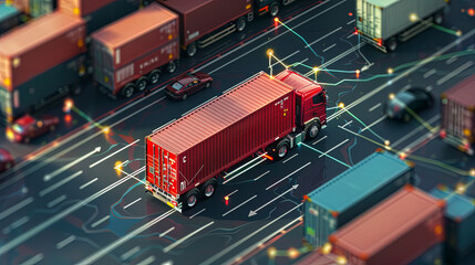 Road freight transport worldwide. A trailer for cargo transportation stands on a virtual city highway with glowing traffic intersection points.