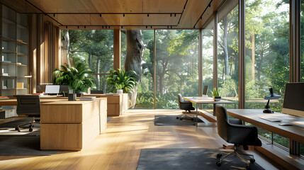 Open-plan office with panoramic views of nature.