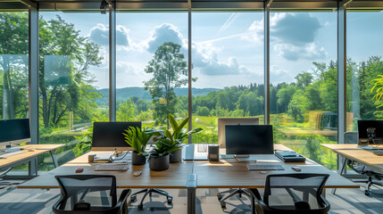 Open-plan office with panoramic views of nature.