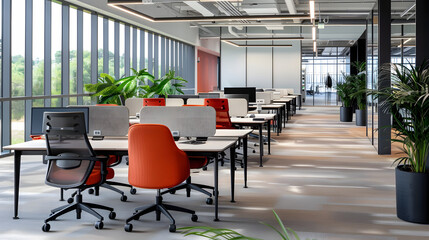 Open-plan office featuring modular furniture arrangements.