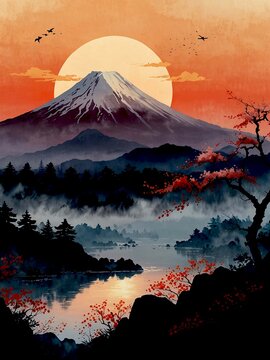 a painting of a red pagoda with a full moon in the background