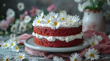 Obraz na płótnie Canvas A red velvet cake with white frosting and a vase of daisies on a plate