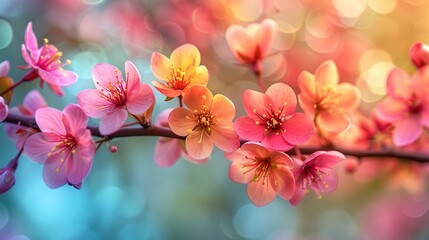  A branch of a tree adorned with pink and yellow flowers, surrounded by out-of-focus background lighting
