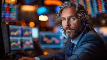 Obraz premium A successful trader sits behind monitors and controls trading charts on a crypto exchange.