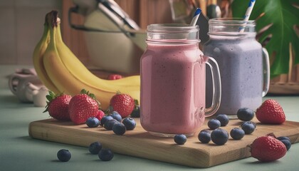 smoothies with blueberries, strawberries, banana, and raspberries in a glass jar on a kitchen table