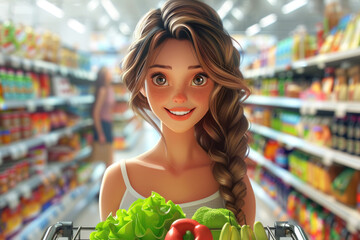 A girl with a full cart of vegetables and fruits in a supermarket, drawing. Fresh vegetables. Healthy lifestyle.
