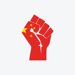 Flag of China in the shape of raised hand sign isolated on background. Fist symbol modern, simple, vector, icon for website design, mobile app, ui. Vector Illustration