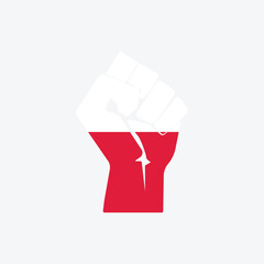 Flag of Poland in the shape of raised hand sign isolated on background. Fist symbol modern, simple, vector, icon for website design, mobile app, ui. Vector Illustration