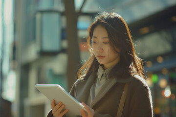 Fototapeta premium A young Asian woman focused on using a digital tablet, with sunlight illuminating her in a bustling city street setting