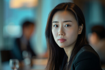 A thoughtful young Asian woman is portrayed in a close-up, her gaze fixing the camera with a blurred background