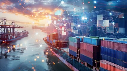 AI technology enhances global logistics for international delivery, using a world map to manage supply chains and container ship networks for export-import processes