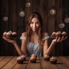 A woman is smiling and holding up a tray of cupcakes.