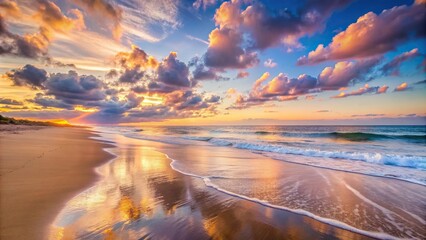 An empty beach at dawn, with soft sunlight painting the sand and sky in pastel hues