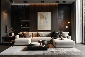 Beautiful Colored Modern Interior Home Livingroom Mockup with Blank Poster wall Decoration sofa , chair , table etc. 
