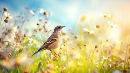 Bird portrait in the middle of a meadow with some flowers with a friendly sky