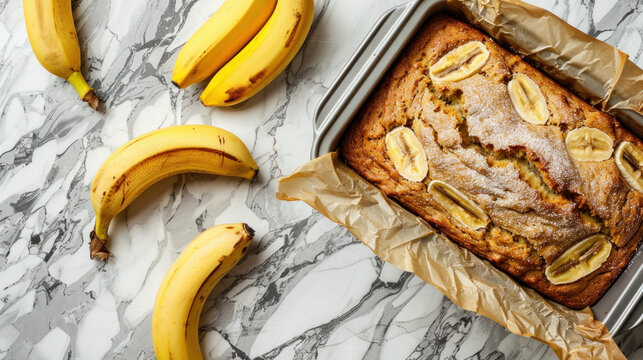 A delicious banana bread sits in a baking tin with parchment paper on a marble background. Bananas are scattered nearby.