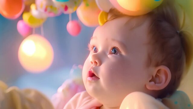 A chubby-cheeked baby gazes adoringly up at the camera, A chubby-cheeked baby gazing adoringly at a colorful mobile above their crib