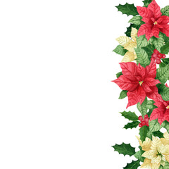 Vertical composition with holly and poinsettia. Hand drawn watercolor isolated element on a white background for greeting cards, postcards, patterns