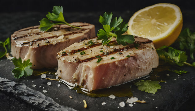 thunfisch, filets, gebraten, close up, neu, petersilie, bbq, grill, gegrillt, zitrone, petersilie, steaks, fisch, filet, steak, scheifertafel, auf, schwarz, frisch, gourmet, deli, grillen, modern