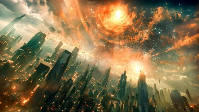 A cityscape filled with smoke, obscuring buildings and streets, due to a nearby source of cosmic rays, A cityscape bombarded by cosmic rays from a nearby black hole