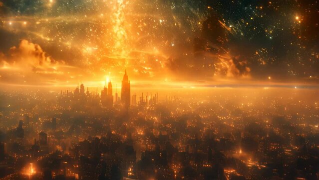 A large city illuminated by the twinkling stars in the night sky, A cityscape bombarded by cosmic rays from a nearby black hole