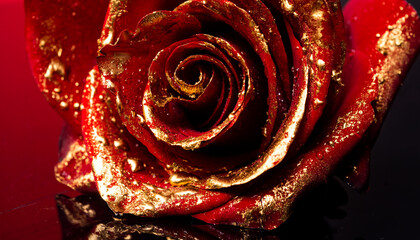 Rose with gold paint petals. Closeup of golden roses on black background. Creative gold rose...