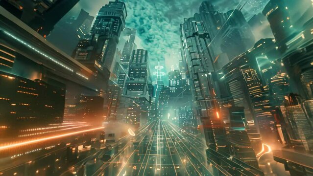 A futuristic city with numerous towering buildings controlled by a centralized AI system, A cityscape controlled by a centralized AI system