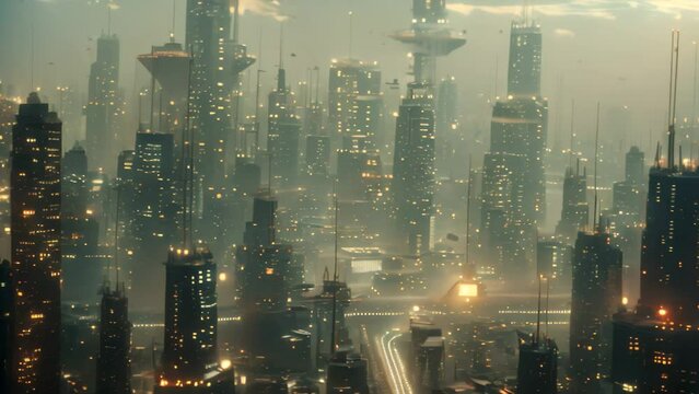 A city dominated by towering skyscrapers and modern architecture under a totalitarian regime, A cityscape controlled by a totalitarian regime using advanced tech