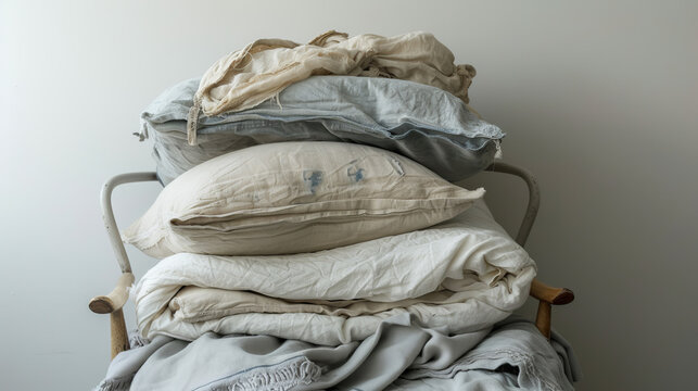 A pile of bedding, pillows, and cushions are on a chair in front of a white wall. The linens are dirty and stained. The photo suggests the need for laundry or cleaning.