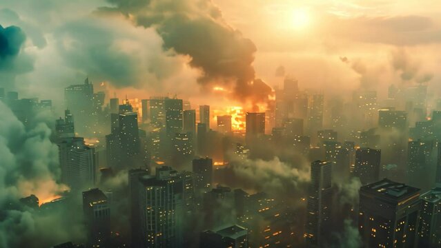 A large city releasing thick clouds of smoke into the air, A cityscape engulfed in a nanotech plague
