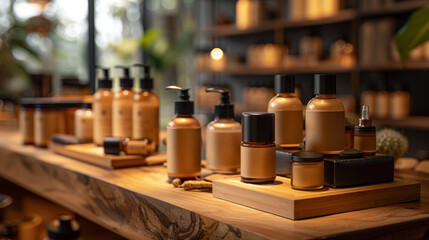 eco-friendly skincare display, elegantly presented zero-waste skincare kit displayed on bamboo shelves with a calming twilight setting in the background