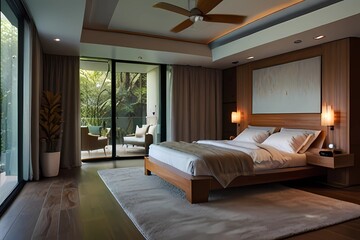 Large Bedroom Interior. Interior of a large modern bedroom with a fireplace and ceiling fan. Horizontal format.
