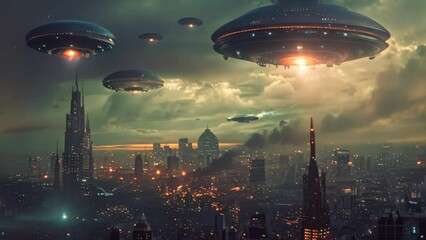 A group of aliens flying over a city at night, creating a scene of invasion and chaos, A cityscape invaded by extraterrestrial forces