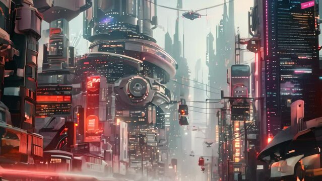 A cityscape dominated by towering skyscrapers with a bustling population of cyborgs and augmented humans, A cityscape inhabited by cyborgs and augmented humans