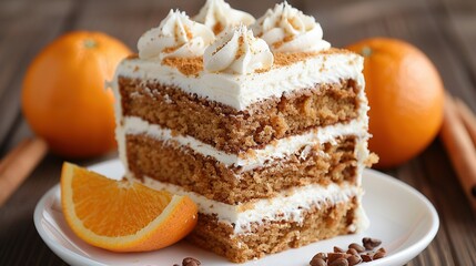   A slice of cake on a white plate with an orange and orange slices nearby