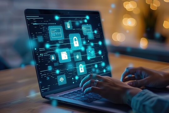 A person using laptop computer with digital icons of security