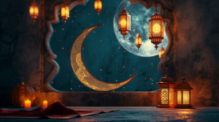 Ramadan islamic greeting card of crescent moon decoration and lanterns