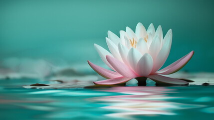 Spiritual beauty, pink white lotus rises majestically from radiant turquoise waters