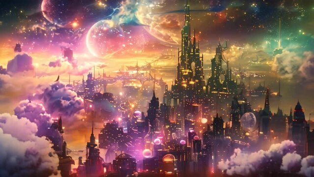 A painting depicting a city floating in the sky, merging dreams with reality, A cityscape where dreams are manifested into reality