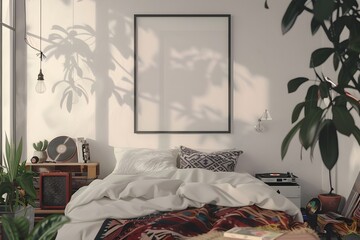3D Colorful Modern Bedroom Home Interior Mockup Design with Blank Poster Decoration wall, Floor Generative AI

