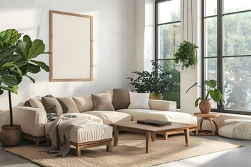 Beautiful Colored Modern Interior Home Livingroom Mockup with Blank Poster wall Decoration sofa , chair , table etc. 
