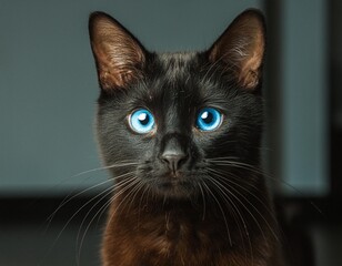 close-up cat with blue eyes on black background