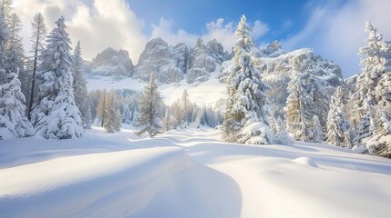 Snowy forest near Fedarola alm, winter in Dolomites, Cortina d'Ampezzo, Belluno, Veneto, Italy
