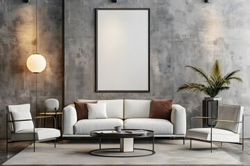 Beautiful Colored Modern Interior Home Livingroom Mockup with Blank Poster wall Decoration sofa , chair , table etc. 
