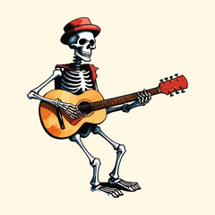 Watercolor Skeleton Playing Guitar Illustration