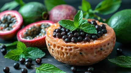   A close-up of a fruitful bowl of food on a table, surrounded by vibrant fruit and rustling...