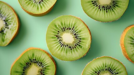 Fototapeta premium Fresh kiwi slices on a green background. Minimalist food photography with copy space. Design for poster, banner, greeting card, invitation, postcard. Flat lay composition
